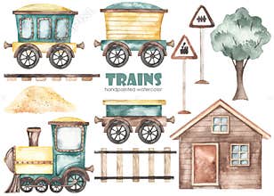 Watercolor kids set with cute cartoon train sideways, house, railroad, rails, tree, railway signs