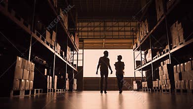 Young worker walks into a warehouse at dusk. vintage tone