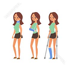 Injured woman in plaster cast cartoon