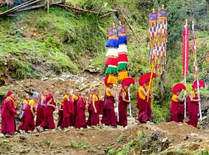 Buddhist monk procession at ceremony of Buddha annivewrsary celebration in Nepal temple