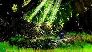 Magic deep forest with bugs and butterflies flying around.