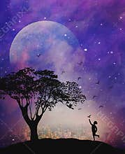 Spiritual release, inner child,dreams,hope, wishes, child catching a bird, faith, destiny, full moon, night sky, nature background