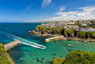 Cove and harbour of Port Isaac with ship, Cornwall
