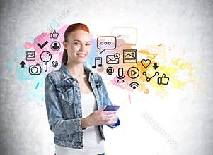 Young woman with phone in hands, sketch with social media icons