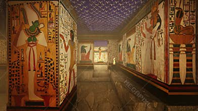 3d Rendering Animation Of A Tomb with old wallpaintings in ancient Egypt.