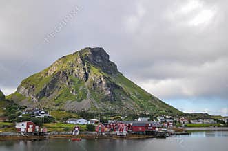 Lovund island and harbor in Helgeland archipelago on sunny summer morning