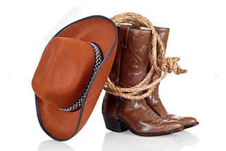 Cowboy boots hat and lasso