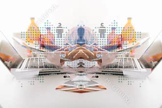 Medical technology concept The doctor works with mobile phones, headphones and tablets