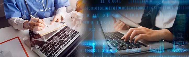 Medical technology concept The doctor works with mobile phones, headphones and tablets