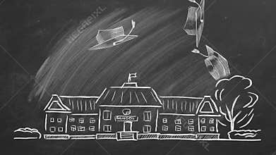 Graduation day. Happy students graduates toss up caps.