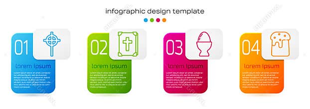 Set line Christian cross, Holy bible book, Easter egg on a stand and Easter cake. Business infographic template. Vector