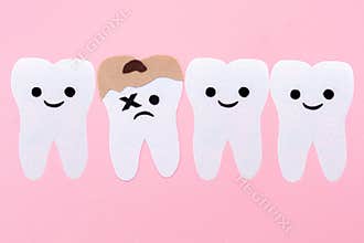 A row of teeth with cartoon faces carved out of felt. One tooth is affected by caries. Pink background. Copy space. The concept of