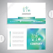 Solar panels, wind turbines, hydroelectric power plants. Set of green energy. Business card template.
