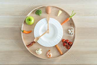 Intermittent fasting diet concept with 8-hour clock timer for eating nutritional or keto low carb, high protien food meal