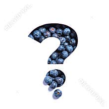 Question punctuation mark of natural blueberries and cut paper isolated on white. Bilberry typeface