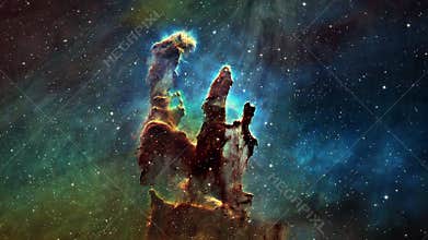 Space Flight to star field Galaxy and Nebulae deep space exploration. 4K 3D Flight to Eagle Nebula Messier 16