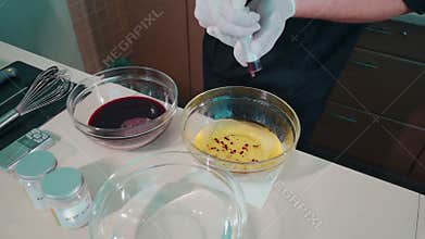 chef cook in gloves cooking modern molecular cuisine dish at restaurant kitchen