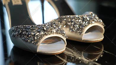 Female white luxury shoes on heels with crystals, wedding bridal footwear