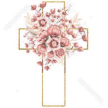 Watercolor hand painted Pink Florals Cross Clipart, Easter Religious flowers  illustration,  Baptism Cross clip art,  Holy Spirit