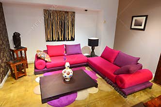 Living room with colorful comfortable couch