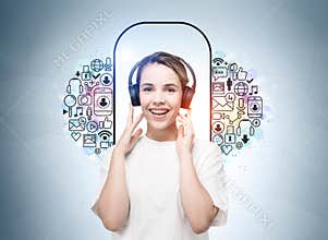 Young woman with headphones, sketch with social media icons