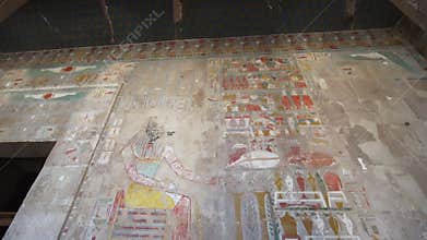 Mortuary Temple of Hatshepsut fresco colorful painting hieroglyphics Anubis and abundance foods and drinks of Egypt