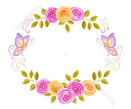 Hand drawn watercolor round frame painting with pink and yellow roses flowers bouquet and butterflies isolated on white background
