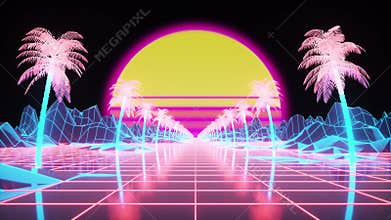 Retro 80s style synthwave sunrise with palm trees in perfect loop. 3d animation