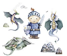 The brave cute little knight and set dragon. Fairytall collection Hand drawn watercolor cartoon set for kid greeting