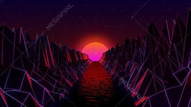 3D Computer generated synthwave landscape with mountains and river