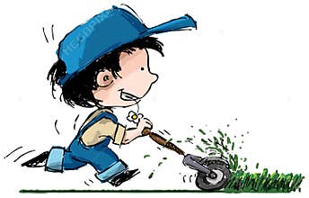 Cartoon boy cutting grass