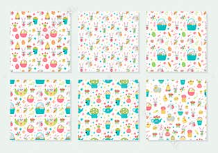 Set of vector seamless pattern for Easter with rabbits and eggs and spring designs.