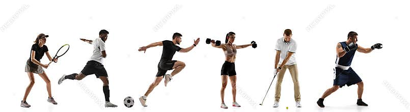 Sport collage. Tennis, boxing, soccer football, fitness, golf, running men and women in motion
