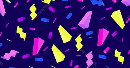 Geometric pattern in the style of the 80s. 3d geometric shapes rotate in a loop. Zoom in and out motion animation. Horizontal