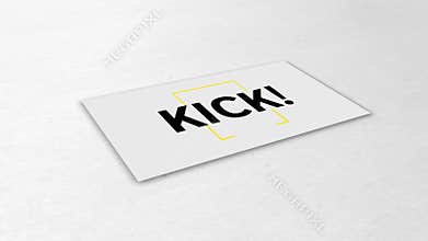 Digital animation of kick text over yellow square crosshair against white background