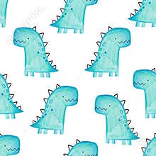 Pencil hand-drawn colored seamless repeating children pattern with cute dinosaurs in Scandinavian style on a white