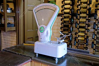 Antique vintage old weight scale in a shop in Beamish Village - United Kingdom