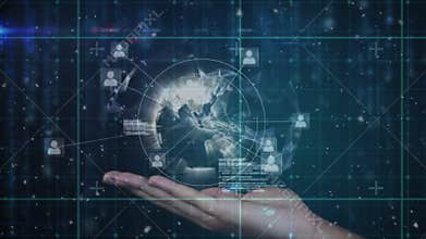 Animation of hand holding digital globe with network and data processing, on black