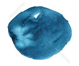 Blue watercolor hand drawn stain on white paper grain texture. Abstract water color artistic brush paint splash background
