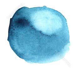 Blue watercolor hand drawn stain on white paper grain texture. Abstract water color artistic brush paint splash background