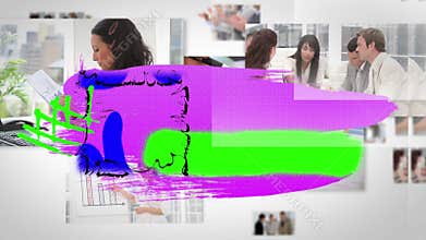 Animation of multi coloured paint smudge over business people in office
