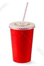 Red disposable cup for beverages with straw