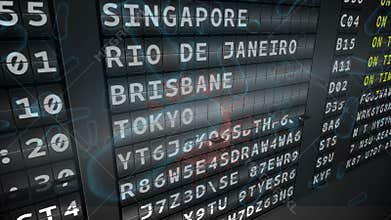 Airport departure board against multiple covid-19 cells floating on grey background