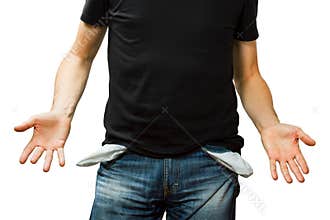 Man showing his empty pocket, no money