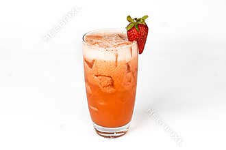 Red fresh strawberry cocktail smoothie jusice in glass with ice isolated on white. vitamin drink detox