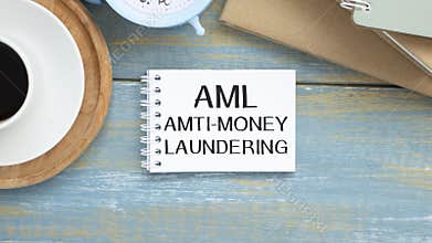 Paper with Anti-money laundering AML on wooden