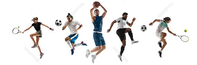 Sport collage. Tennis, basketball, soccer football players in motion isolated on white studio background.