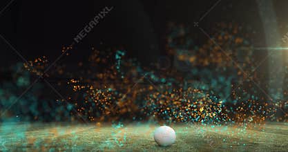 Animation of colourful particles moving over football on pitch