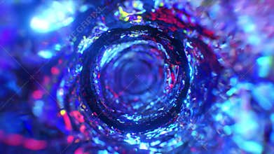 Swirling water funnel in neon lighting. Round water tunnel. Blue color. 3d animation of a seamless loop.