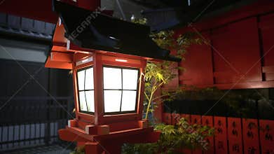 Japanese lamp at ancient shinto temple in Kyoto. Asian light at oldest shrine.